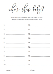 LUC-WHT-10-B1626 - LUCAS SCRIPT - WHITE - WHO'S THAT BABY PHOTO GAME GUESS CARD - 5" x 7": LUC-WHT-10-B1626 - LUCAS SCRIPT - WHITE - WHO'S THAT BABY PHOTO GAME