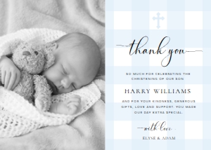 GIN-BLU-8-B3317 - GINGHAM - BLUE - PHOTO THANK YOU CARD - 5" x 7": GIN-BLU-8-B3317 - GINGHAM - BLUE - PHOTO THANK YOU CARD