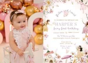 FAR-MLT-1-B3315 - FAIRY - MULTI - FIRST BIRTHDAY PHOTO INVITATION - 5" x 7": FAR-MLT-1-B3315 - FAIRY - MULTI - FIRST BIRTHDAY PHOTO INVITATION