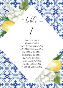 MED-BLU-9-B531 - THE MED - LEMONS - TABLE NUMBERS WITH GUEST NAMES - 5" x 7": MED-BLU-9-B531 - THE MED - LEMONS - TABLE NUMBERS