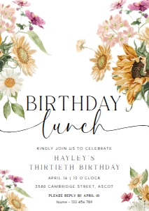 MEW-WHT-1-B3353 - MEWS FLORAL - WHITE - BIRTHDAY LUNCH INVITATION - A6: MEW-WHT-1-B3353 - MEWS FLORAL - WHITE - BIRTHDAY LUNCH INVITATION