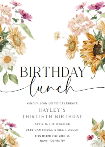 MEW-WHT-1-B3353 - MEWS FLORAL - WHITE - BIRTHDAY LUNCH INVITATION - 5" x 7": MEW-WHT-1-B3353 - MEWS FLORAL - WHITE - BIRTHDAY LUNCH INVITATION