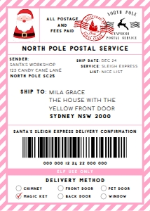 SAW-PNK-6-B2329 - SANTAS WORKSHOP - PINK - SHIPPING LABEL - 5" x 7": SAW-PNK-6-B2329 - SANTAS WORKSHOP - PINK - SHIPPING LABEL