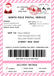 SAW-PNK-6-B2329 - SANTAS WORKSHOP - PINK - SHIPPING LABEL - A4: SAW-PNK-6-B2329 - SANTAS WORKSHOP - PINK - SHIPPING LABEL