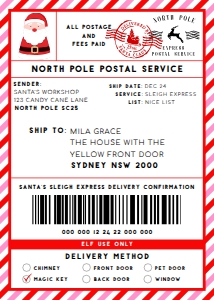 SAW-RPK-6-B2329 - SANTAS WORKSHOP - RED PINK - SHIPPING LABEL - 5" x 7": SAW-RPK-6-B2329 - SANTAS WORKSHOP - RED PINK - SHIPPING LABEL