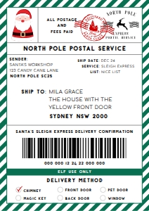 SAW-GRW-6-B2329 - SANTAS WORKSHOP - GREEN WHITE - SHIPPING LABEL - A4: SAW-GRW-6-B2329 - SANTAS WORKSHOP - GREEN WHITE - SHIPPING LABEL