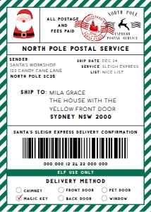 SAW-GRW-6-B2329 - SANTAS WORKSHOP - GREEN WHITE - SHIPPING LABEL - 5" x 7": SAW-GRW-6-B2329 - SANTAS WORKSHOP - GREEN WHITE - SHIPPING LABEL