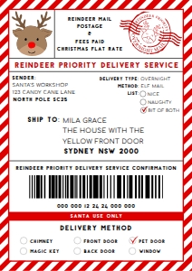 SAW-RED-6-B3370 - SANTAS WORKSHOP - RED - REINDEER SHIPPING LABEL - A4: SAW-RED-6-B3370 - SANTAS WORKSHOP - RED - REINDEER SHIPPING LABEL