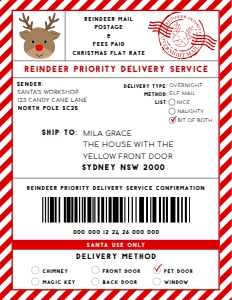 SAW-RED-6-B3370 - SANTAS WORKSHOP - RED - REINDEER SHIPPING LABEL - 8.5" x 11": SAW-RED-6-B3370 - SANTAS WORKSHOP - RED - REINDEER SHIPPING LABEL