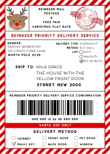 SAW-RED-6-B3370 - SANTAS WORKSHOP - RED - REINDEER SHIPPING LABEL - 5" x 7": SAW-RED-6-B3370 - SANTAS WORKSHOP - RED - REINDEER SHIPPING LABEL