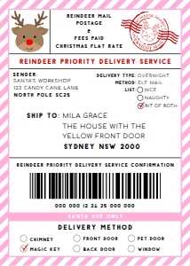 SAW-PNK-6-B3370 - SANTAS WORKSHOP - PINK - REINDEER SHIPPING LABEL - 5" x 7": SAW-PNK-6-B3370 - SANTAS WORKSHOP - PINK - REINDEER SHIPPING LABEL