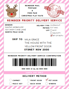 SAW-PNK-6-B3370 - SANTAS WORKSHOP - PINK - REINDEER SHIPPING LABEL - 8.5" x 11": SAW-PNK-6-B3370 - SANTAS WORKSHOP - PINK - REINDEER SHIPPING LABEL