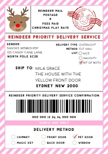 SAW-PNK-6-B3370 - SANTAS WORKSHOP - PINK - REINDEER SHIPPING LABEL - A4: SAW-PNK-6-B3370 - SANTAS WORKSHOP - PINK - REINDEER SHIPPING LABEL