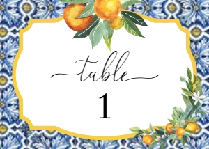 POS-BLO-9-B023-POSITANO BLUE TILE - ORANGES - TABLE NUMBERS - LANDSCAPE - 5" x 7": POS-BLO-9-B023 - POSITANO BLUE TILE - ORANGES - TABLE NUMBERS