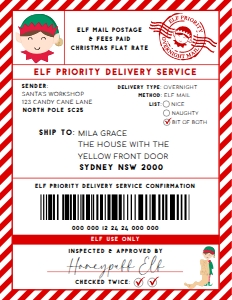 SAW-RDW-6-B2939 - SANTAS WORKSHOP - RED WHITE - ELF SHIPPING LABEL - 8.5" x 11": SAW-RDW-6-B2939 - SANTAS WORKSHOP - RED WHITE - ELF SHIPPING LABEL