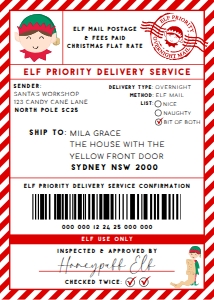 SAW-RDW-6-B2939 - SANTAS WORKSHOP - RED WHITE - ELF SHIPPING LABEL - 5" x 7": SAW-RDW-6-B2939 - SANTAS WORKSHOP - RED WHITE - ELF SHIPPING LABEL