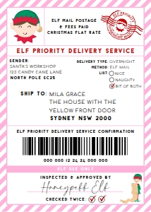 SAW-PNK-6-B2939 - SANTAS WORKSHOP - PINK - ELF SHIPPING LABEL - 5" x 7": SAW-PNK-6-B2939 - SANTAS WORKSHOP - PINK - ELF SHIPPING LABEL