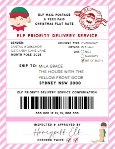 SAW-PNK-6-B2939 - SANTAS WORKSHOP - PINK - ELF SHIPPING LABEL - 8.5" x 11": SAW-PNK-6-B2939 - SANTAS WORKSHOP - PINK - ELF SHIPPING LABEL