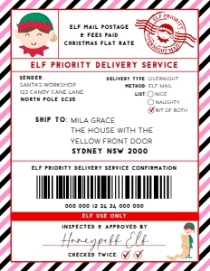 SAW-RPK-6-B2939 - SANTAS WORKSHOP - RED PINK - ELF SHIPPING LABEL - 8.5" x 11": SAW-RPK-6-B2939 - SANTAS WORKSHOP - RED PINK - ELF SHIPPING LABEL