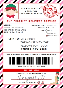 SAW-RPK-6-B2939 - SANTAS WORKSHOP - RED PINK - ELF SHIPPING LABEL - 5" x 7": SAW-RPK-6-B2939 - SANTAS WORKSHOP - RED PINK - ELF SHIPPING LABEL