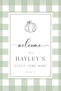 GIN-SGR-3-B2331 - GINGHAM - SAGE GREEN PUMPKIN - WELCOME SIGN - PORTRAIT - 24" x 36": GIN-SGR-3-B2331 - GINGHAM - SAGE GREEN PUMPKIN - WELCOME SIGN