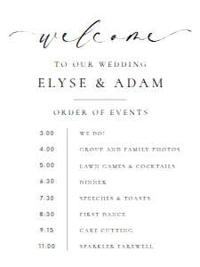 ELE-WHT-3-B3293 - ELLESMERE - WHITE - ORDER OF EVENTS WELCOME SIGN - 18" x 24": ELE-WHT-3-B3293 - ELLESMERE - WHITE - ORDER OF EVENTS WELCOME SIGN