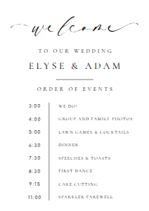 ELE-WHT-3-B3293 - ELLESMERE - WHITE - ORDER OF EVENTS WELCOME SIGN - A2: ELE-WHT-3-B3293 - ELLESMERE - WHITE - ORDER OF EVENTS WELCOME SIGN