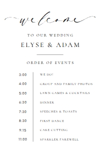ELE-WHT-3-B3293 - ELLESMERE - WHITE - ORDER OF EVENTS WELCOME SIGN - 24" x 36": ELE-WHT-3-B3293 - ELLESMERE - WHITE - ORDER OF EVENTS WELCOME SIGN