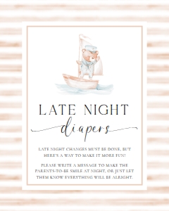 SBR-TAN-7-B3409 - SAILOR BEAR - TAN - LATE NIGHT DIAPERS SIGN - 8" x 10": SBR-TAN-7-B3409 - SAILOR BEAR - TAN - LATE NIGHT DIAPERS SIGN