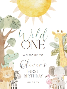 NYS-WHT-3-B3416 - NYALA SAFARI - WHITE - FIRST BIRTHDAY WELCOME SIGN - PORTRAIT - 18" x 24": NYS-WHT-3-B3416 - NYALA SAFARI - WHITE - FIRST BIRTHDAY WELCOME SIGN