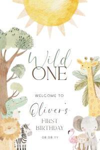 NYS-WHT-3-B3416 - NYALA SAFARI - WHITE - FIRST BIRTHDAY WELCOME SIGN - PORTRAIT - 24" x 36": NYS-WHT-3-B3416 - NYALA SAFARI - WHITE - FIRST BIRTHDAY WELCOME SIGN