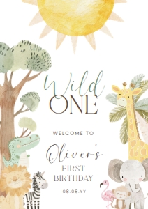 NYS-WHT-3-B3416 - NYALA SAFARI - WHITE - FIRST BIRTHDAY WELCOME SIGN - PORTRAIT - A1: NYS-WHT-3-B3416 - NYALA SAFARI - WHITE - FIRST BIRTHDAY WELCOME SIGN