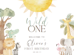 NYS-WHT-3-B3416 - NYALA SAFARI - WHITE - FIRST BIRTHDAY WELCOME SIGN - LANDSCAPE - 18" x 24": NYS-WHT-3-B3416 - NYALA SAFARI - WHITE - FIRST BIRTHDAY WELCOME SIGN
