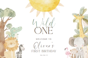 NYS-WHT-3-B3416 - NYALA SAFARI - WHITE - FIRST BIRTHDAY WELCOME SIGN - LANDSCAPE - 24" x 36": NYS-WHT-3-B3416 - NYALA SAFARI - WHITE - FIRST BIRTHDAY WELCOME SIGN