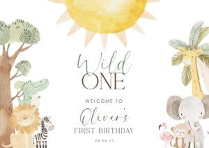 NYS-WHT-3-B3416 - NYALA SAFARI - WHITE - FIRST BIRTHDAY WELCOME SIGN - LANDSCAPE - A1: NYS-WHT-3-B3416 - NYALA SAFARI - WHITE - FIRST BIRTHDAY WELCOME SIGN