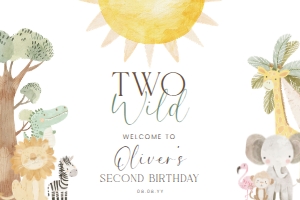 NYS-WHT-3-B3417 - NYALA SAFARI - WHITE - TWO WILD BIRTHDAY WELCOME SIGN - LANDSCAPE - 24" x 36": NYS-WHT-3-B3417 - NYALA SAFARI - WHITE - TWO WILD BIRTHDAY WELCOME SIGN
