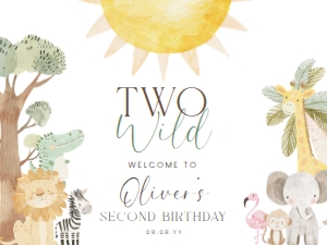 NYS-WHT-3-B3417 - NYALA SAFARI - WHITE - TWO WILD BIRTHDAY WELCOME SIGN - LANDSCAPE - 18" x 24": NYS-WHT-3-B3417 - NYALA SAFARI - WHITE - TWO WILD BIRTHDAY WELCOME SIGN