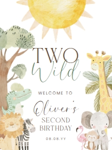 NYS-WHT-3-B3417 - NYALA SAFARI - WHITE - TWO WILD BIRTHDAY WELCOME SIGN - PORTRAIT - 18" x 24": NYS-WHT-3-B3417 - NYALA SAFARI - WHITE - TWO WILD BIRTHDAY WELCOME SIGN