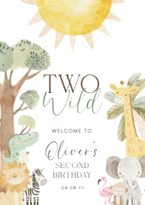 NYS-WHT-3-B3417 - NYALA SAFARI - WHITE - TWO WILD BIRTHDAY WELCOME SIGN - PORTRAIT - A1: NYS-WHT-3-B3417 - NYALA SAFARI - WHITE - TWO WILD BIRTHDAY WELCOME SIGN