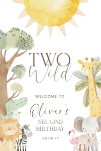 NYS-WHT-3-B3417 - NYALA SAFARI - WHITE - TWO WILD BIRTHDAY WELCOME SIGN - PORTRAIT - 24" x 36": NYS-WHT-3-B3417 - NYALA SAFARI - WHITE - TWO WILD BIRTHDAY WELCOME SIGN