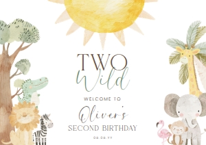 NYS-WHT-3-B3417 - NYALA SAFARI - WHITE - TWO WILD BIRTHDAY WELCOME SIGN - LANDSCAPE - A1: NYS-WHT-3-B3417 - NYALA SAFARI - WHITE - TWO WILD BIRTHDAY WELCOME SIGN