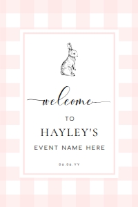 GIN-PNK-3-B578 - GINGHAM BUNNY - PINK - WELCOME SIGN - PORTRAIT - 24" x 36": GIN-PNK-3-B578 - GINGHAM BUNNY - PINK - WELCOME SIGN