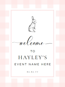 GIN-PNK-3-B578 - GINGHAM BUNNY - PINK - WELCOME SIGN - PORTRAIT - 18" x 24": GIN-PNK-3-B578 - GINGHAM BUNNY - PINK - WELCOME SIGN
