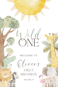 NYS-WHT-3-B3416 - NYALA SAFARI - WHITE - FIRST BIRTHDAY WELCOME SIGN - PORTRAIT - 20" x 30": NYS-WHT-3-B3416 - NYALA SAFARI - WHITE - FIRST BIRTHDAY WELCOME SIGN