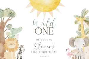 NYS-WHT-3-B3416 - NYALA SAFARI - WHITE - FIRST BIRTHDAY WELCOME SIGN - LANDSCAPE - 20" x 30": NYS-WHT-3-B3416 - NYALA SAFARI - WHITE - FIRST BIRTHDAY WELCOME SIGN