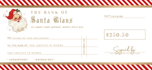 STR-RGW-14-B2851 - STRIPE - RED GOLD WHITE - CHRISTMAS SANTA CHEQUE CERTIFICATE - 2.75" x 6": STR-RGW-14-B2851 - STRIPE - RED GOLD WHITE - CHRISTMAS SANTA CHEQUE CERTIFICATE