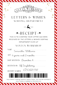 SAW-RED-24-B3380 - SANTAS WORKSHOP - RED - LETTER TO SANTA RECEIPT - 4" x 6": SAW-RED-24-B3380 - SANTAS WORKSHOP - RED - LETTER TO SANTA RECEIPT