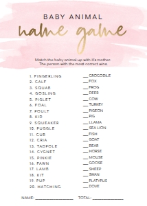WAT-PNK-10-B595 - WATERCOLOUR PINK - GOLD - BABY ANIMAL NAME GAME - 5" x 7": WAT-PNK-10-B598 - WATERCOLOUR PINK - GOLD - BABY SHOWER GAME BUNDLE