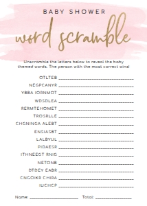 WAT-PNK-10-B596 - WATERCOLOUR PINK - GOLD - BABY SHOWER WORD SCRAMBLE GAME - 5" x 7": WAT-PNK-10-B598 - WATERCOLOUR PINK - GOLD - BABY SHOWER GAME BUNDLE