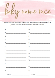 WAT-PNK-10-B597 - WATERCOLOUR PINK - GOLD - BABY NAME RACE GAME - 5" x 7": WAT-PNK-10-B598 - WATERCOLOUR PINK - GOLD - BABY SHOWER GAME BUNDLE